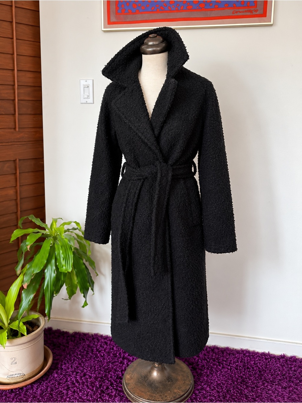 Black Bouclé Belted Long Coat Dramatic Collar Size S
